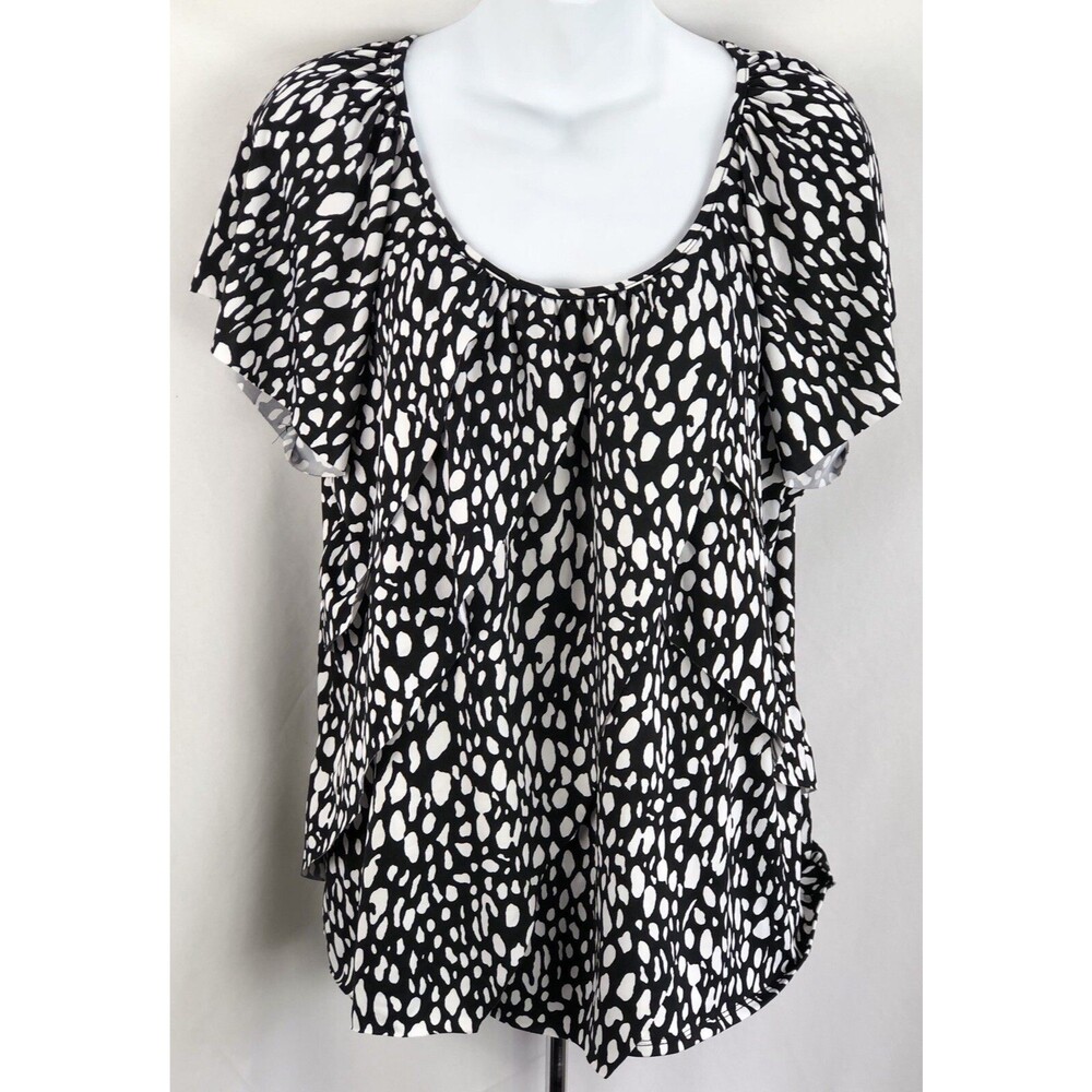 Vintage Babydoll Top XL Blk Wht Geometric Scoop flutter sleeve layered Stretch